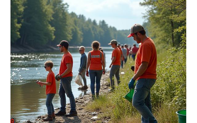 Volunteers cleaning up a riverbank with fishing rods in the background, symbolizing conservation efforts.
