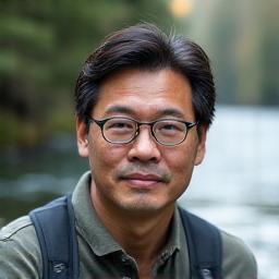 Expert angler David Chen by a serene lake at sunrise