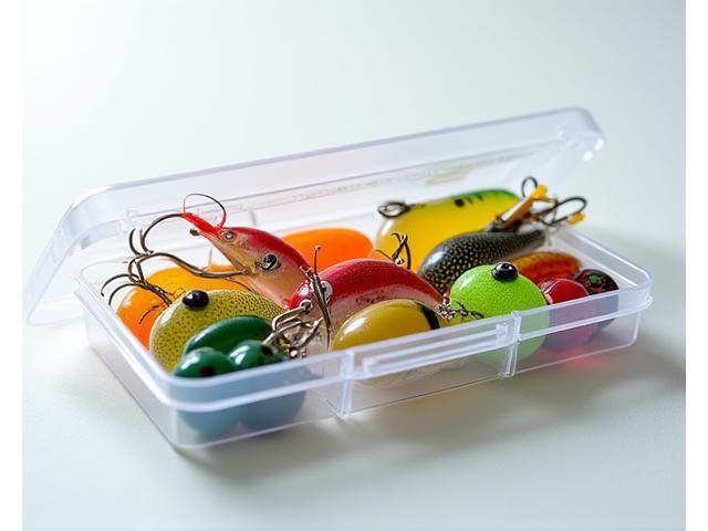 Bass fishing tackle kit with various soft plastics, jigs, and spinnerbaits in a tackle tray.