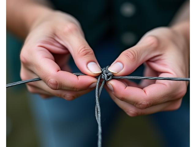 Close-up of hands demonstrating how to tie a complex fishing knot.