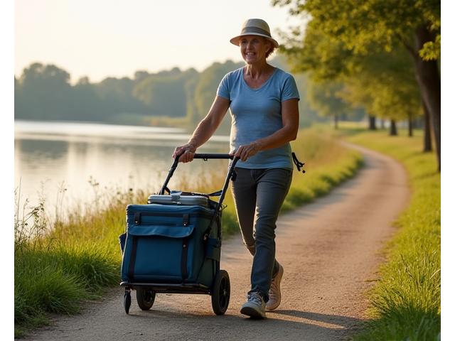 Senior angler effortlessly pulling a wheeled fishing cart along a path to the water.