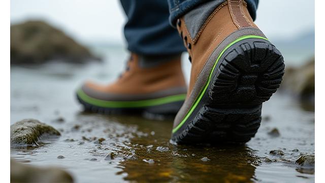 Non-slip fishing boots on a wet, rocky surface, demonstrating stability.