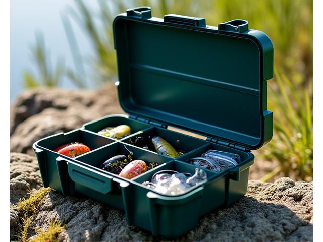 Open tackle box filled with various fishing accessories