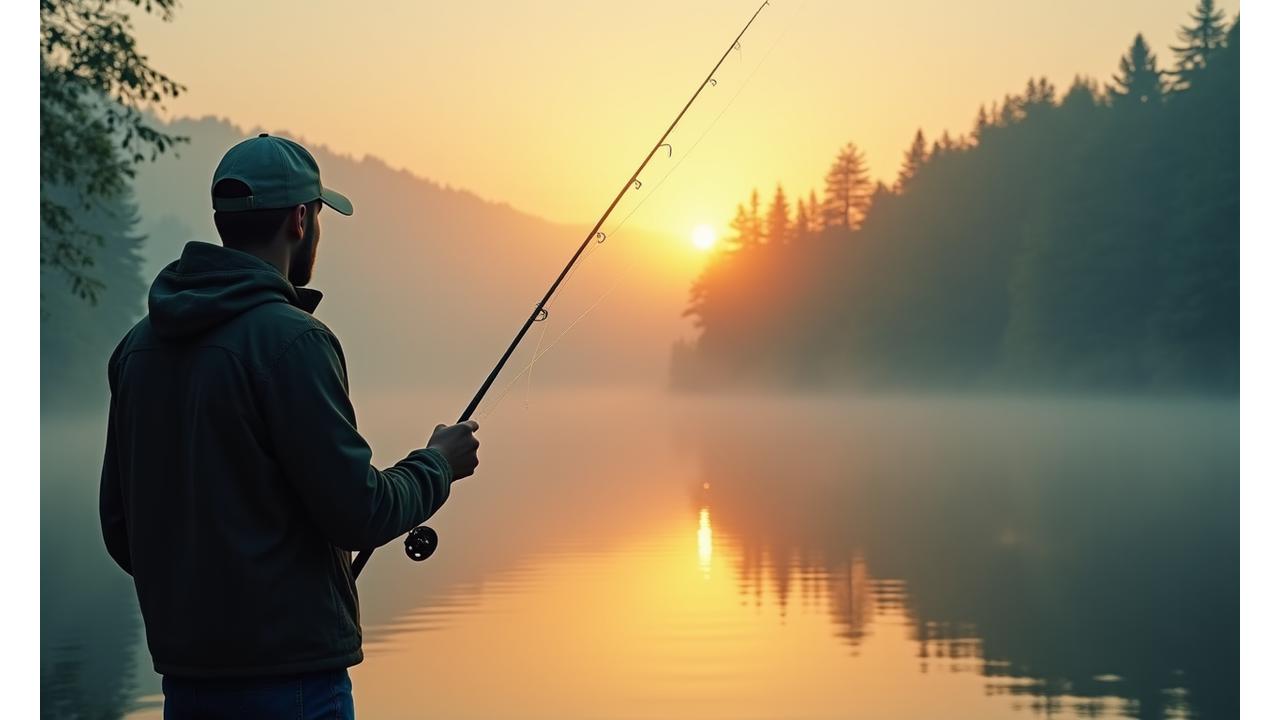 Angler casting a line into a peaceful lake at sunrise, surrounded by mist and forest.